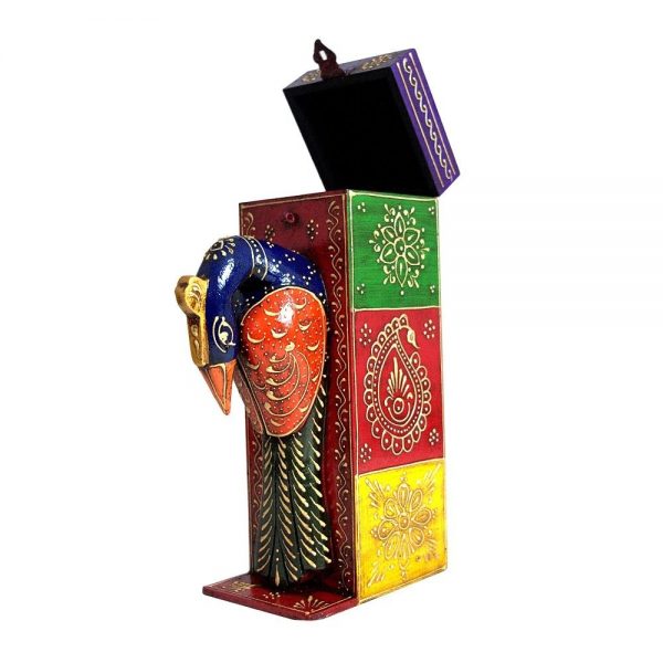 Wooden Hand painted Single Bottle Wooden Wine Box Peacock Shape Home Decor - Image 2